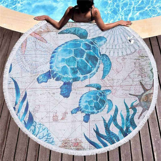 Round Microfiber Beach Towels Turtle Marine Printed Compressed Tapestry Yoga Mats