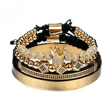 將圖片載入圖庫檢視器 Handmade Braiding Bracelet Gold Hip Hop Men Pave CZ Zirconia Crown Roman Numeral
