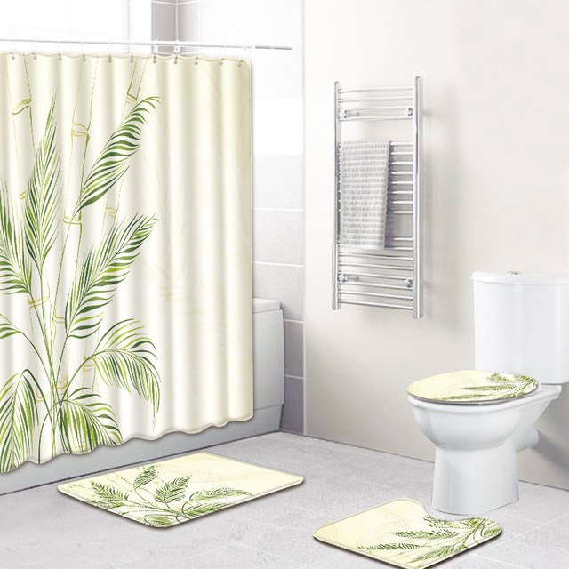 Printing Maple Leaf Bathroom Mats Shower Curtain 4pcs Bath Mat Sets