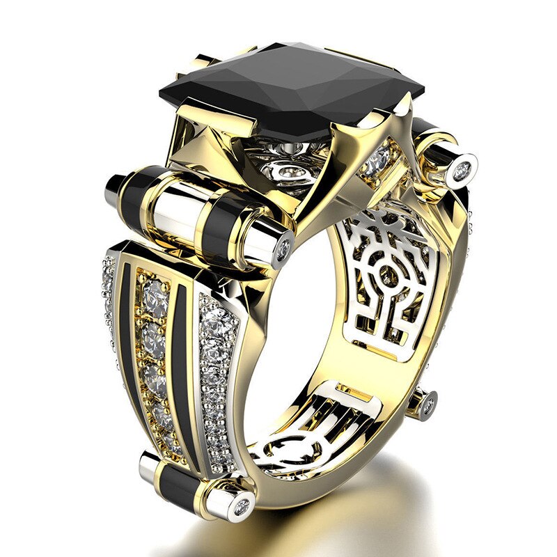 Gold with Black Stone Mens Ring Steampunk Vintage