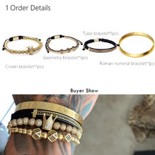 將圖片載入圖庫檢視器 Handmade Braiding Bracelet Gold Hip Hop Men Pave CZ Zirconia Crown Roman Numeral
