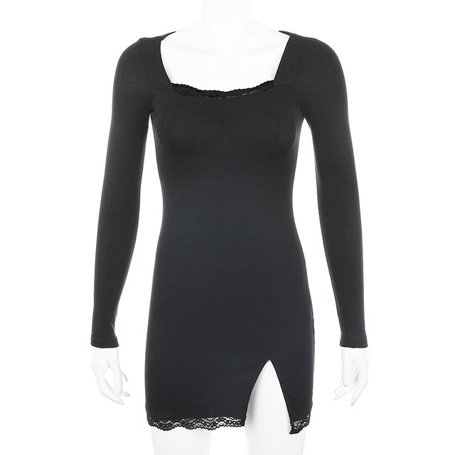 Women Sexy Lace Patchwork Long Sleeve Split Dress