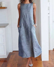將圖片載入圖庫檢視器 Cotton Baggy Sleeveless Linen Women Long Summer  Striped Dress

