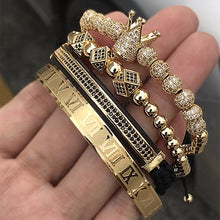 將圖片載入圖庫檢視器 Handmade Braiding Bracelet Gold Hip Hop Men Pave CZ Zirconia Crown Roman Numeral
