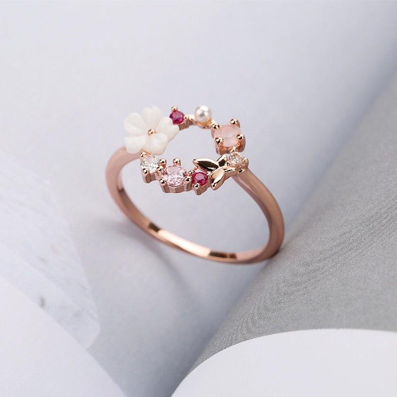 Butterfly Flowers Crystal Finger Wedding Rings for Women Rose Gold Zircon Glamour Ring Jewelry